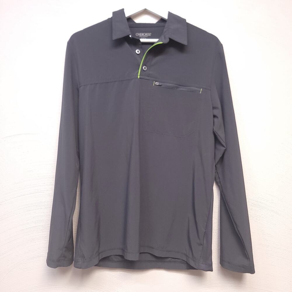 Cherokee Scrub Top Size M Mens Polo Shirt Gray Zip Pocket Long Sleeve Work